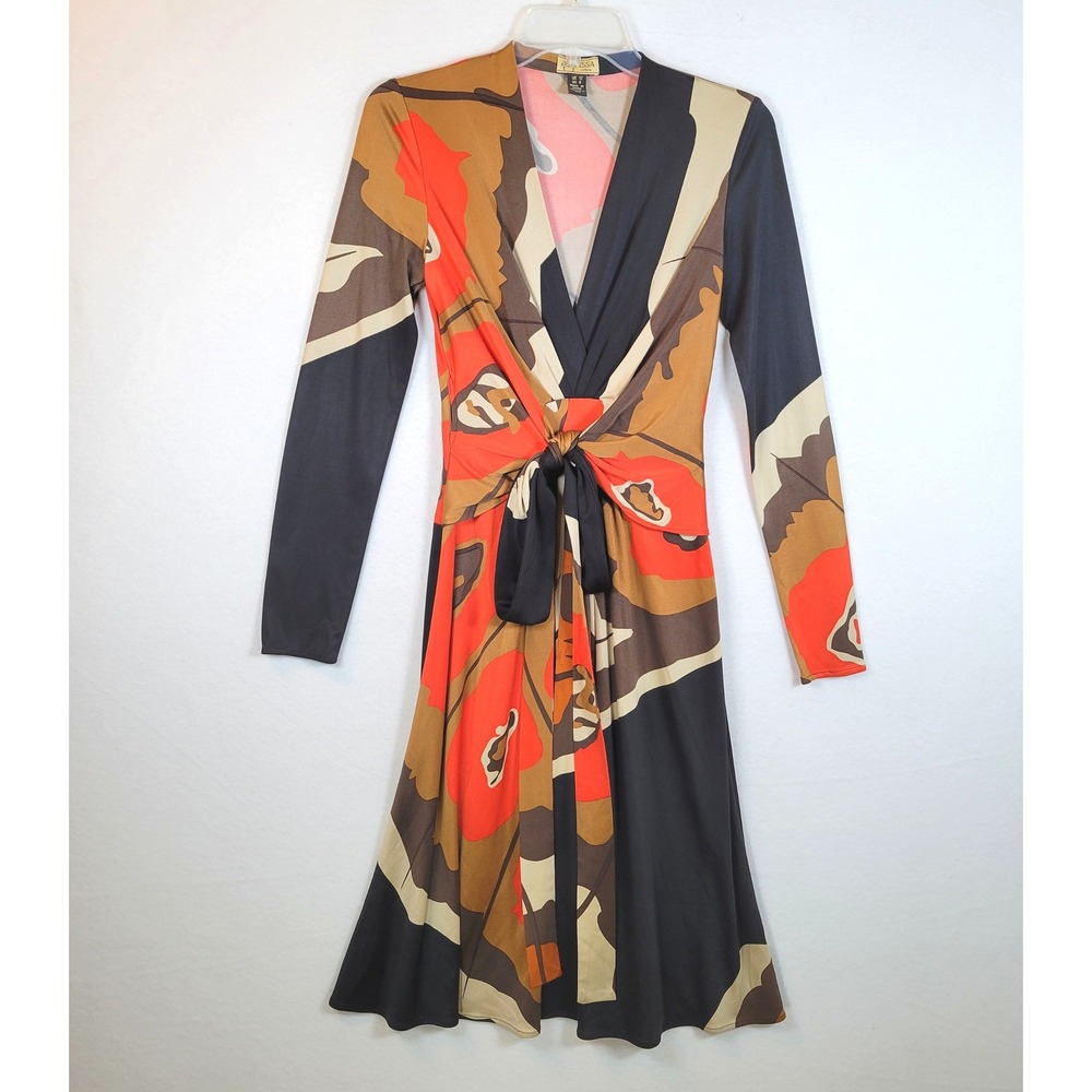 Issa London Womens Silk Abstract Art Tie Waist Midi Dress Size 8 Brown Luxury